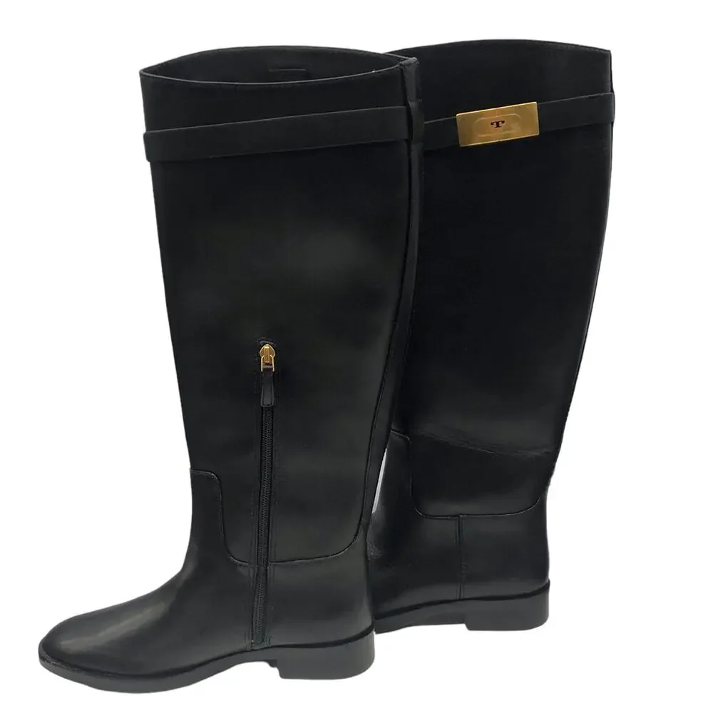 TORY BURCH T HARDWARE TALL RIDING BOOTS BOOT BLACK LEATHER 6.5